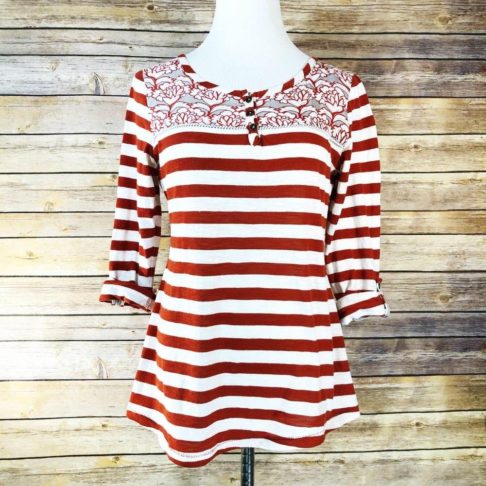 Anthropologie Postmark Red Floral Striped Henley